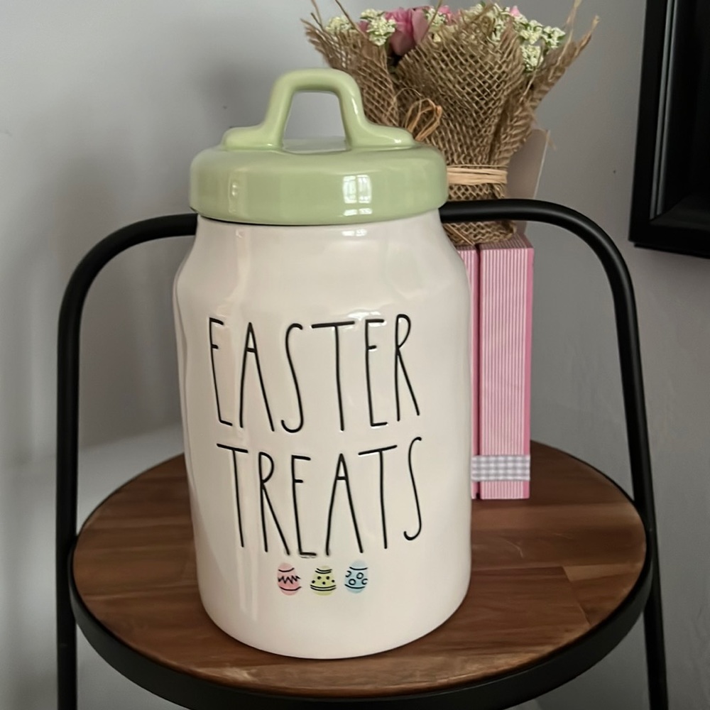 Rae Dunn “Easter Treats” Canister with Water Color Easter Eggs & Mint Lid New